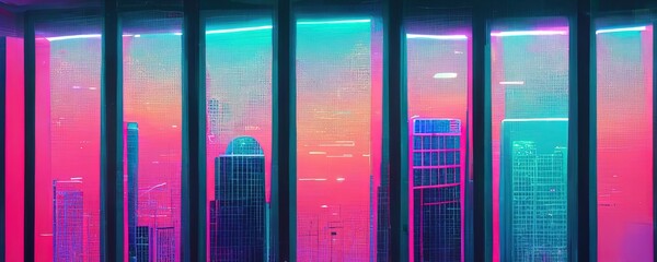Futuristic city sunset background, vaporwave neon light banner, neon background