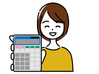 電卓を見せてくる笑顔の女性