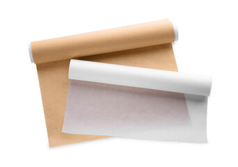 Rolls of baking paper on white background, top view