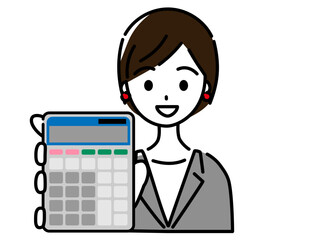 電卓を見せてくるスーツ姿の笑顔の女性