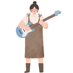 Woman playing electric bass hand drawn illustration in watercolor design