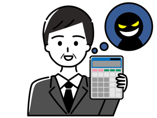 電卓を持つスーツ姿の悪徳業者の男性