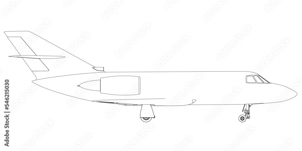 Poster outline of a passenger plane from black lines isolated on a white background. side view. 3d. vector 