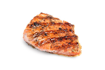 Piece of tasty grilled salmon on white background