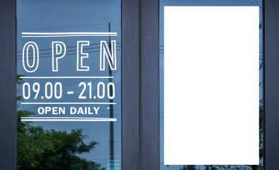 Open sign broad through the glass of door in cafe and copy space for text advertising