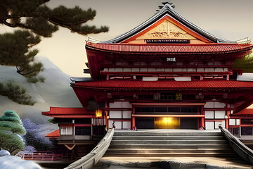 Obraz premium Landscape image of snow cone of a volcano mountain with classic Pagoda by the lake. Amazing 3D landscape. Digital illustration. CG Artwork Background