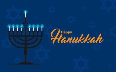 Happy Hanukkah Background with Menorah, David Star and Bokeh Effect. Vector illustration