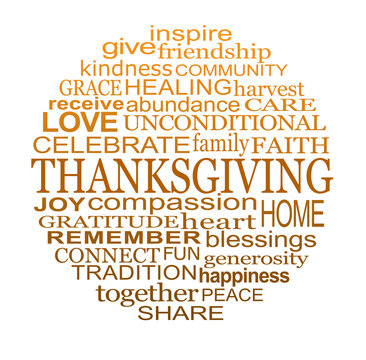 Celebrate Thanksgiving Circle of Words on White Background - a circular word cloud relevant to the THANKSGIVING holiday isolated on a white background
