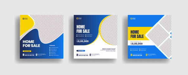 Modern real estate social media post banner template and house property sale square banner, flyer or poster template design