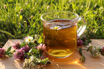 Cup of aromatic herbal tea and different wildflowers on green grass outdoors, closeup
