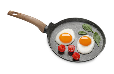 Tasty cooked chicken eggs with tomato in frying pan isolated on white