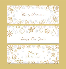 Set of Merry Christmas and Happy New Year horizontal greeting card with hand drawn golden stars and snowflakes. Vector illustration in sketch style. Holiday festive background
