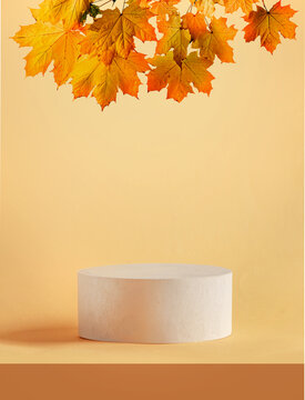 Modern product display with podium at yellow background with autumn leaves. Minimal scene stage showcase. Front view with copy space.