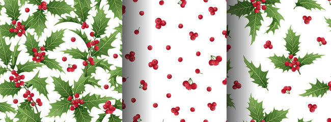 Set of Christmas seamless patterns with holly branches, leaves and berries on a white background. Christmas mood. Suitable for wrapping paper, wallpaper, textile