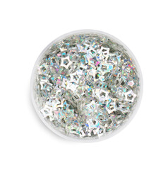 Beautiful sequins in shape of stars on white background, top view