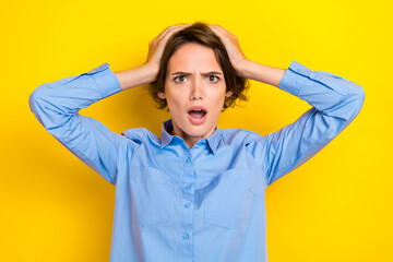 Closeup photo of young attractive cute angry woman wear blue shirt office boss deadline hands hold...
