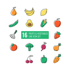 Fruits and vegetables line icon set. Colored icons on white. Pear, banana, lemon, cucumber, avocado, corn, apple, garlic, strawberry, tomato, broccoli, beet, onion, cherry, sweet pepper, carrot.