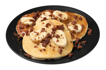 Tasty pancakes with sliced banana isolated on white