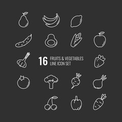 Fruits and vegetables line icon set. White icons on black. Pear, banana, lemon, cucumber, avocado, corn, apple, garlic, strawberry, tomato, broccoli, beet, onion, cherry, sweet pepper, carrot.