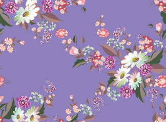 Obraz na płótnie Canvas Abstract stylized flowers - white chamomiles, pink, purple, red daisies, Cosmos and other flowers in pastel colors on a light purple background. Textiles, fabrics, wallpaper design seamless pattern.