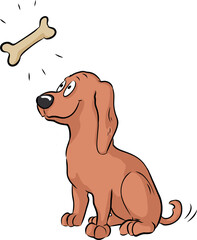 Niedlicher kleiner Hund sitzt brav vor einem Knochen als Belohnung