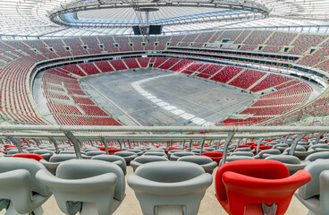 National stadium in the capital city of Warsaw, Poland with the empty seats, no people, place for sports and music events.