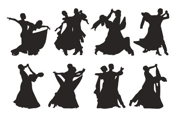 Silhouette of waltz pair. Couple dancers. Black silhouette on competition in ballroom dancing. Vector illustration - obrazy, fototapety, plakaty