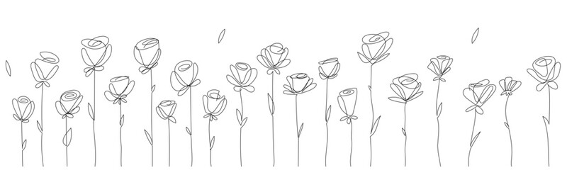 Vector floral background. Single-line flowers lined up in a row, of different heights. Blossoming buds