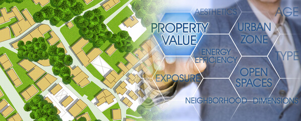 Property Value of a Building - What determines a property's value - Concept with business manager pointing to icons against a digital display