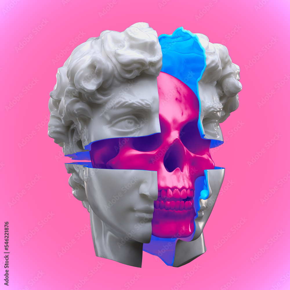 Fototapete abstract anatomic concept illustration from 3d rendering of a marble classical head sliced open in f