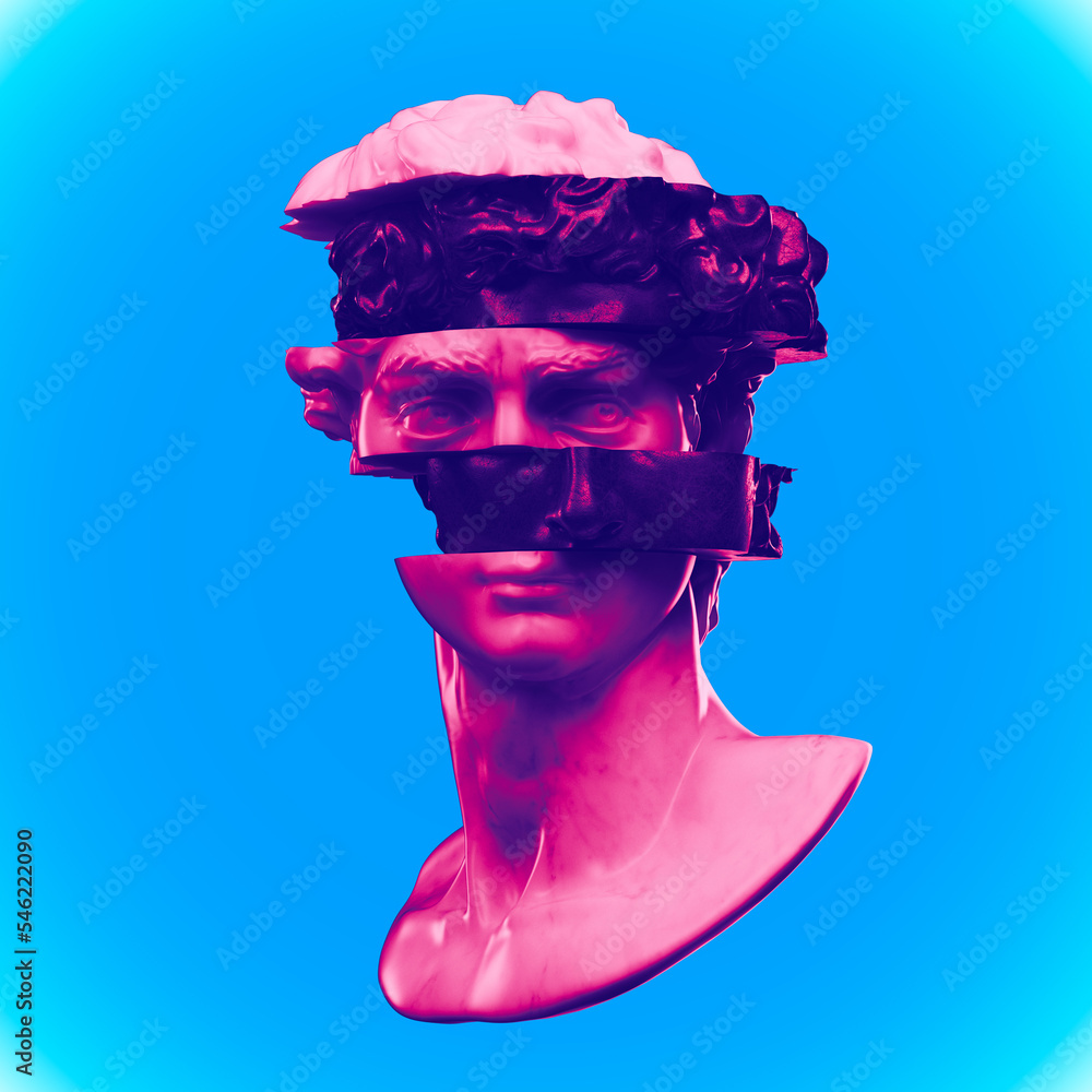 Poster abstract digital illustration from 3d rendering of pink and purple marble classical bust sliced in m