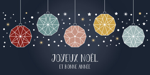 Fototapeta premium vœux de Noël - Joyeux Noël et Bonne Année en français. Image vectorielle illustration avec boules de Noël