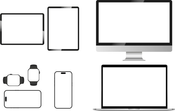 Realistic mockups of Apple devices on transparent background. Vector set of phone, tablet, laptop and computer. Empty screen mock-up, silver design. PNG image	