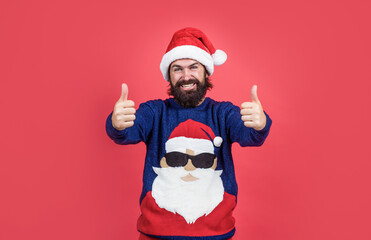 Fototapeta na wymiar santa claus bearded man wish happy new year and merry christmas holiday ready to celebrate winter party with fun and joy full of xmas presents and gifts, success