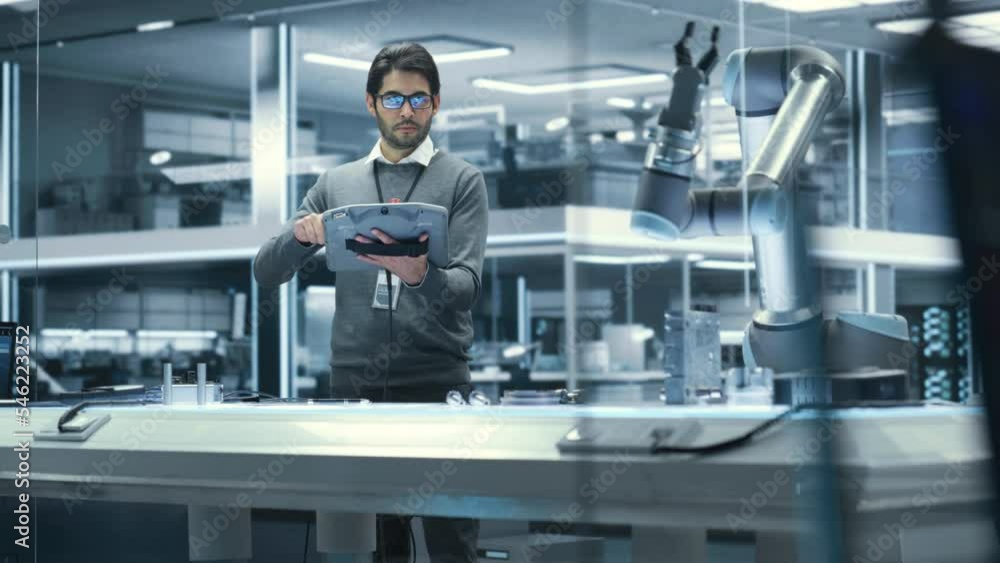 Aufkleber portrait of a young male engineer in glasses using a tablet computer, researching and developing a f