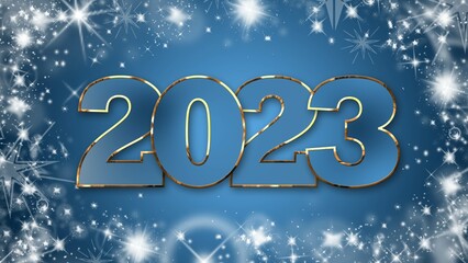 Year 2023 lettering in gold frame on blue background with white stars - 3D Illustration