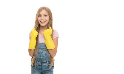 smiling cleaner girl in cleaning gloves with copy space. teen girl cleaner in gloves
