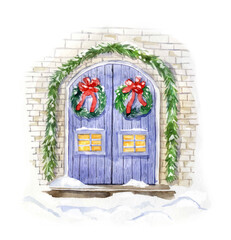 Fototapeta na wymiar Watercolor illustration of decorated door. Christmas theme. Hand-drawn illustration isolated on the white background