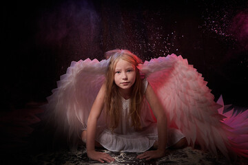A girl in a white shirt, wings and with long hair, looking like a angel. A young model posing at a...