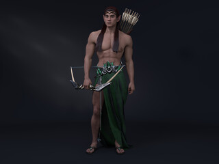 3D Render : portrait of the fantasy male elf character standing in the studio and armed with bow and arrow