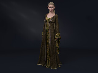 3D Render : portrait of the fantasy female high elf character standing in the studio 
