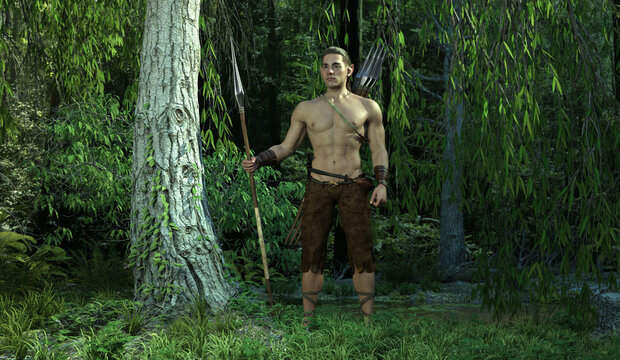 3D Render : Fantasy male elf character is standing in the forest, wild warrior barbarian elf character
