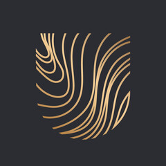 Letter U calligraphy logo.Alphabet initial.Lettering sign isolated on dark fund.Decorative icon for beauty, spa brand identity.Luxury font monogram.Gold organic lines.