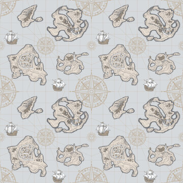 Decorative seamless pattern map with hand-drawn islands, sailing ships and wind roses on old paper backdrop. Vector background in vintage style. Suitable for wallpaper, wrapping paper, fabric