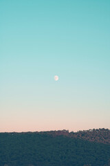 Vertical image of moon rising over a cliff, pastel colors.