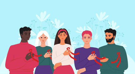 World AIDS Day. A group of people of different nationalities with red ribbons, a symbol of the fight against HIV. Vector illustration. - obrazy, fototapety, plakaty