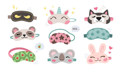 Fototapeta premium Kids sleeping masks set. Cute animals faces masks - koala, unicorn, ninja, bunny, panda, husky dog. Colorful vector illustration. Relaxation in travel collection.