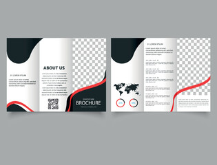 Black and red trifold brochure with abstract shapes.