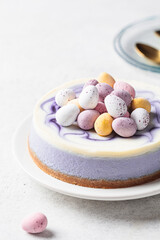 Easter dessert. Berry cheesecake decorated with Easter chocolate eggs.