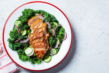 Grilled chicken salad with kale, cucumber, radish and onion. Healthy protein food, low carb diet.